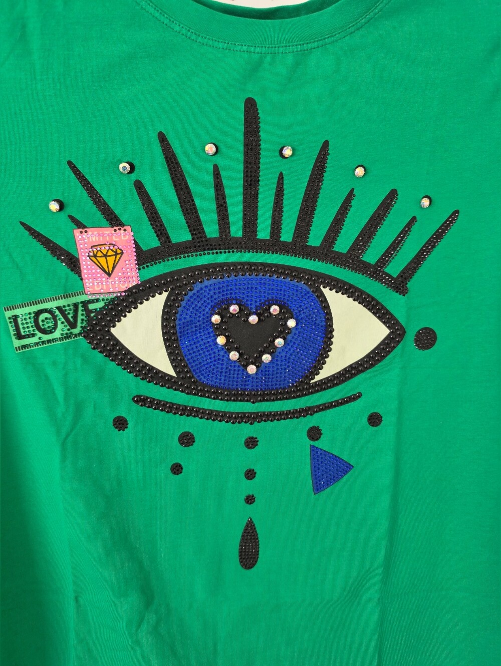 Evil Eye Rhinestone Graphic Tee Green Heart Studded Shirt NWT M - Picture 2 of 10
